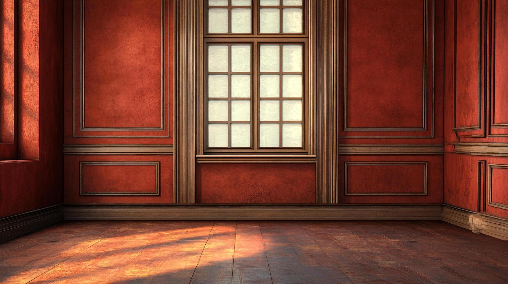 Elegant room features a window, paneled walls in red hues, and wooden floors illuminated by sunlight streaming through the window. photo