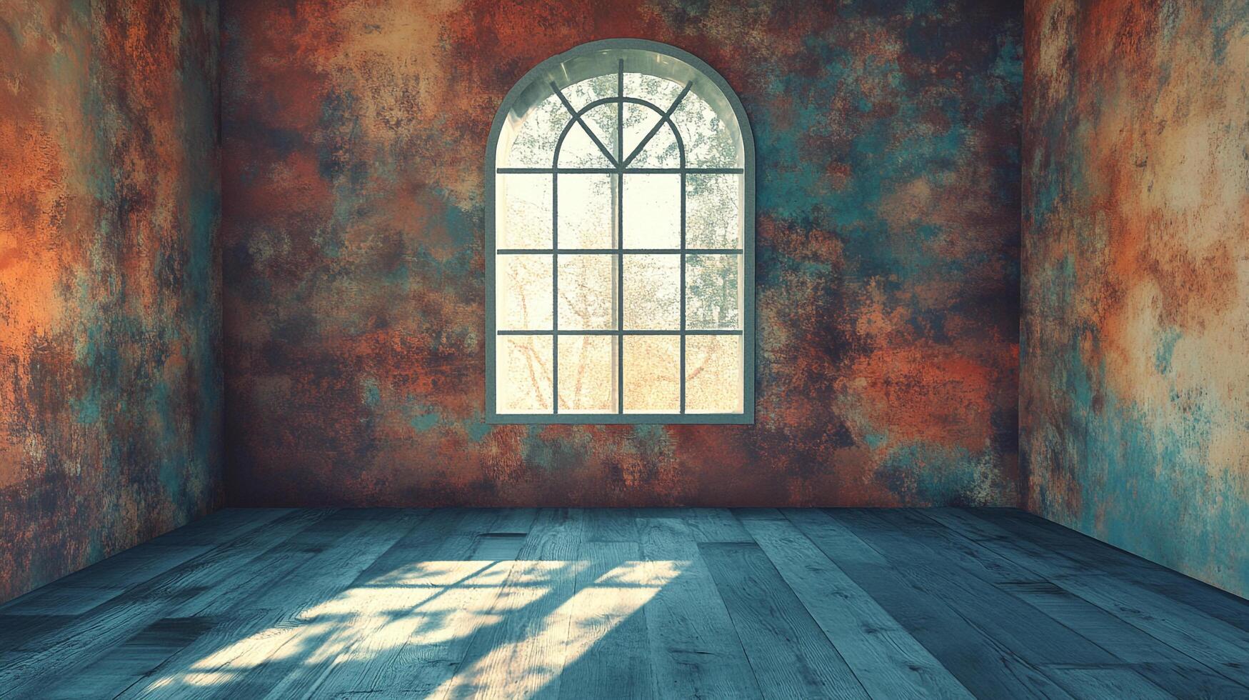 Vintage room featuring a large window, distressed walls, and wood floors casting light. Interior design meets rustic charm. photo