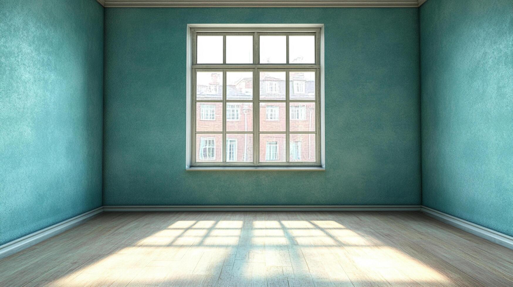 Bright, light-filled room with soft aqua walls, white trim, and hardwood floors. The window offers a view of the urban buildings. photo