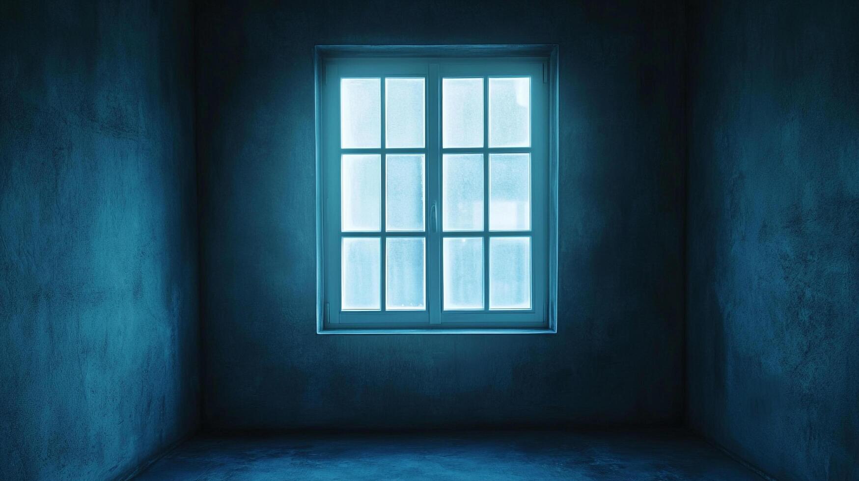 Minimalist blue hued room with a bright window. Concrete walls and floor emphasize the starkness and simplicity of the space. photo