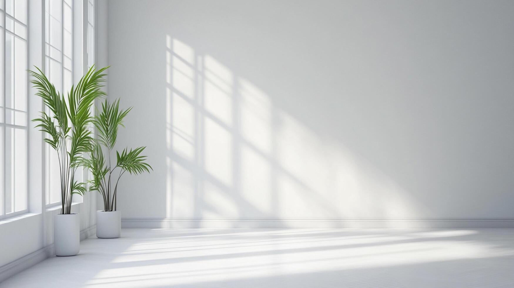 Sunlit minimalist room with potted plants near a window creating soft shadows on a blank white wall and floor. Serene indoor scene. photo