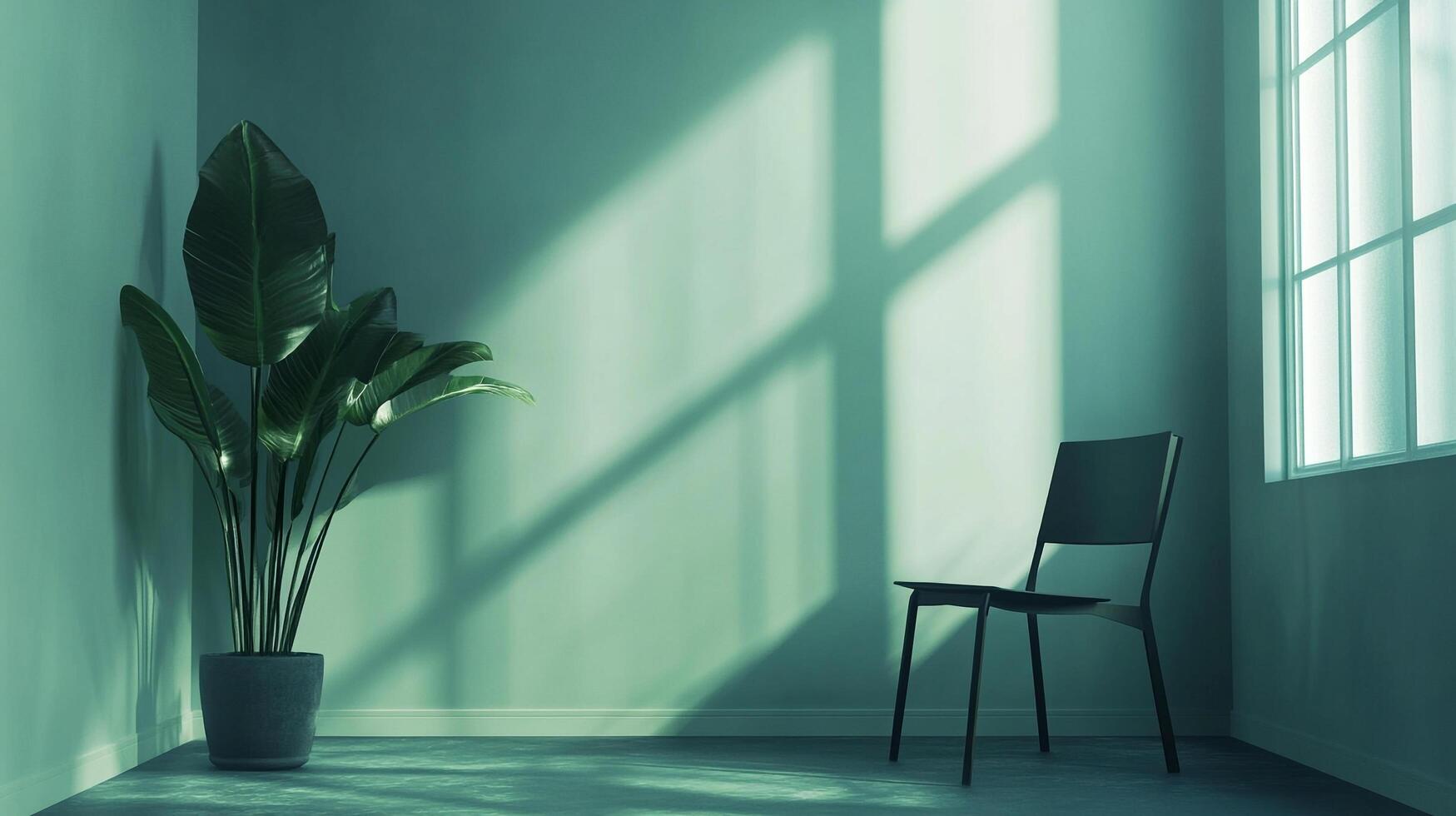 A serene and inviting scene, featuring a plant and a chair bathed in the soft light filtering through a nearby window, indoor and calming. photo