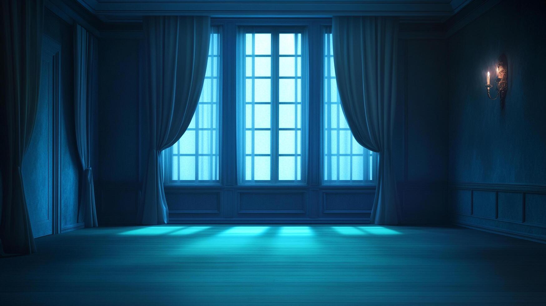 Eerily lit empty room with large windows, casting an ethereal glow on the floor. A candle flickers, adding to the mysterious ambiance. photo