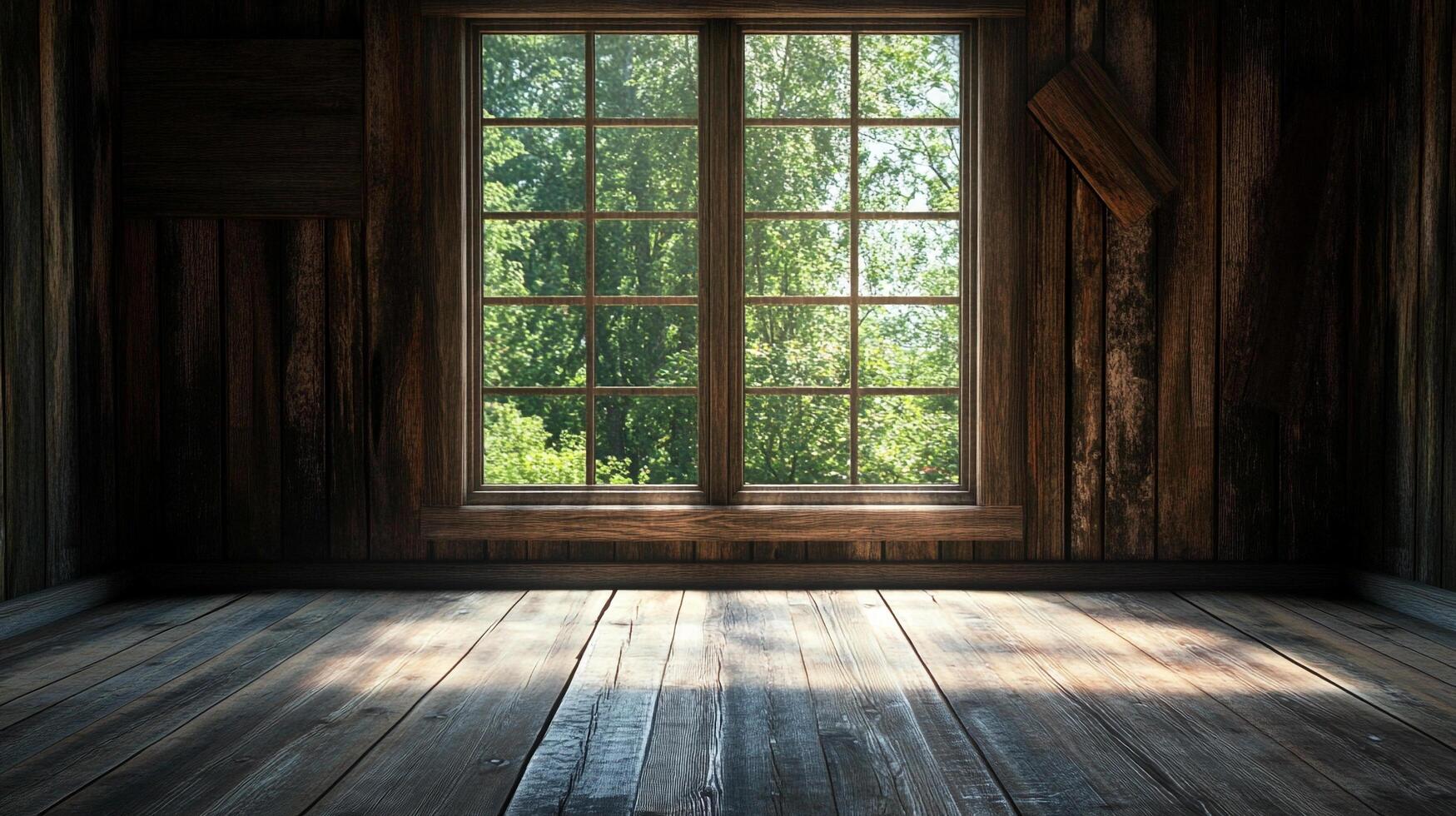 An inviting scene featuring a rustic wood interior, with sunlight streaming through a window to provide warmth to the hardwood floor. photo