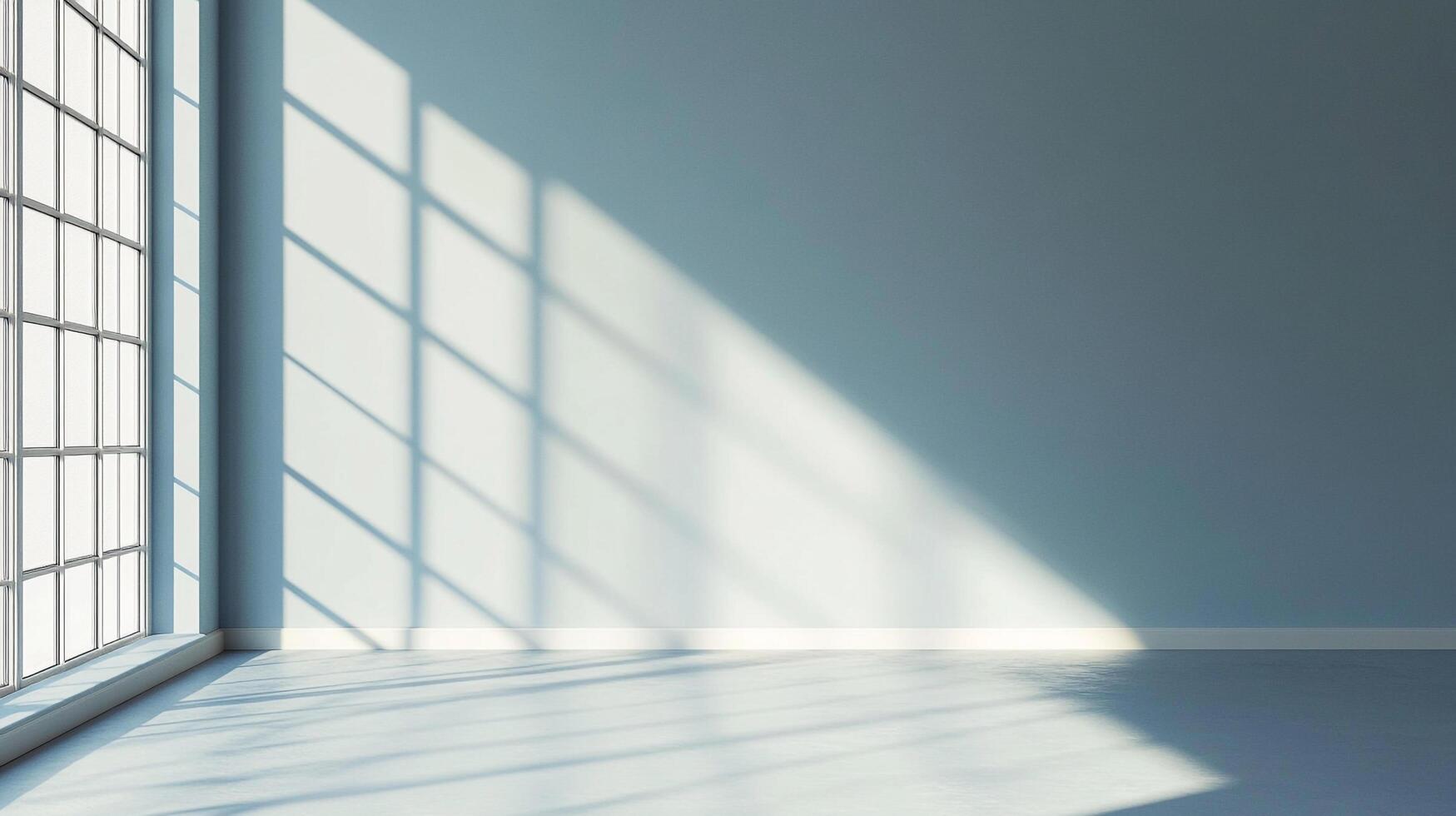 Bright room with sunlight streaming through a window, creating patterns on the wall and floor. Minimalist interior design, serene atmosphere. photo