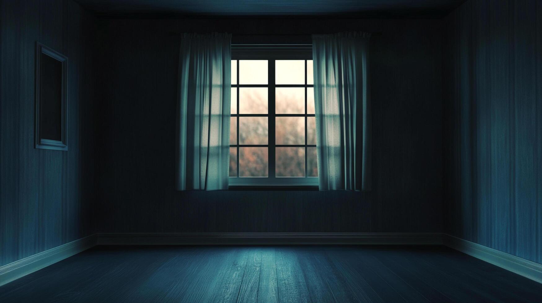 Empty room bathed in soft light, curtains framing a serene outdoor view. A minimalist escape for contemplation and relaxation. photo
