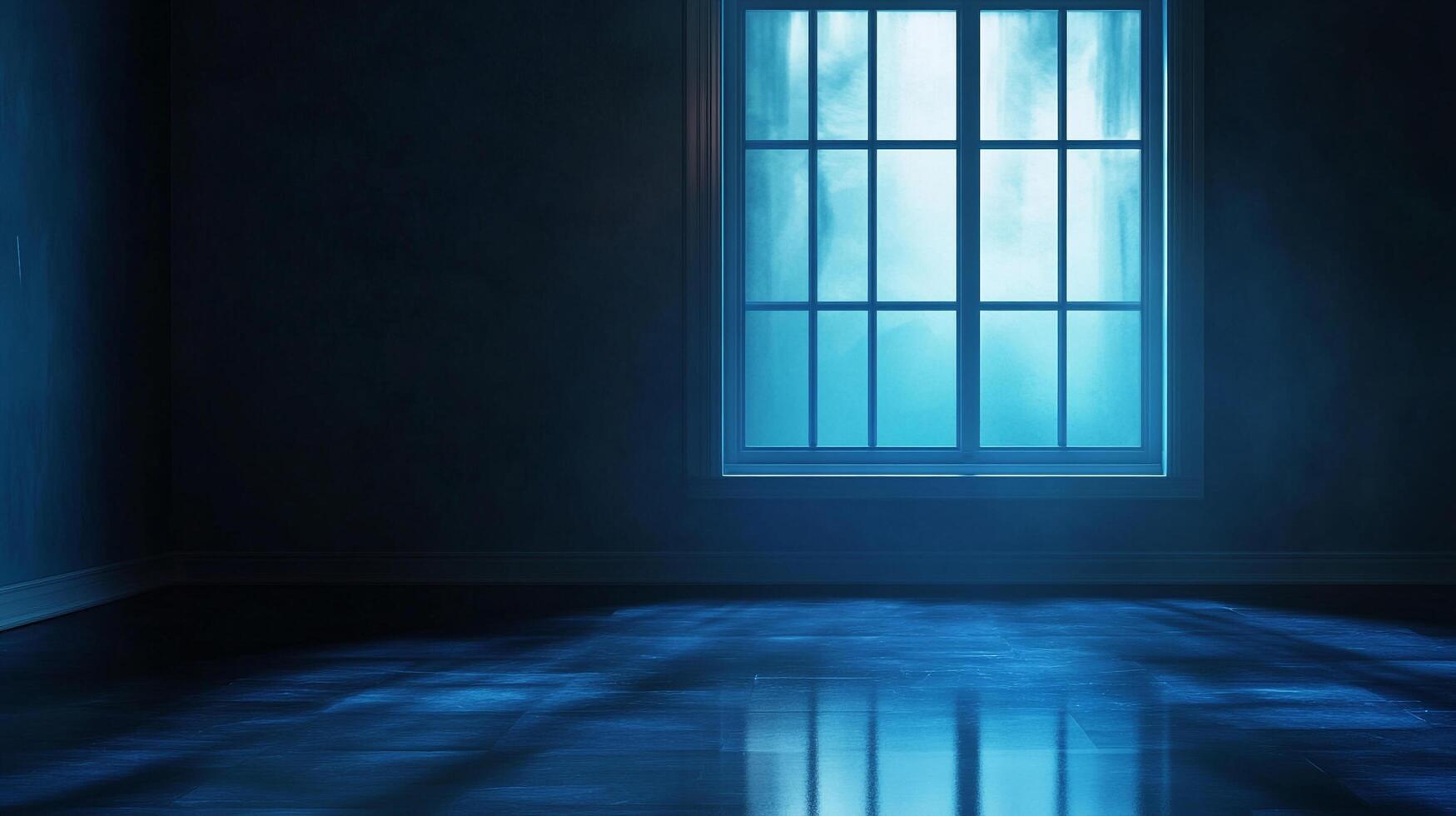 A room shrouded in darkness, illuminated by a window radiating an ethereal, blue glow, casting intriguing shadows across the polished floor. photo