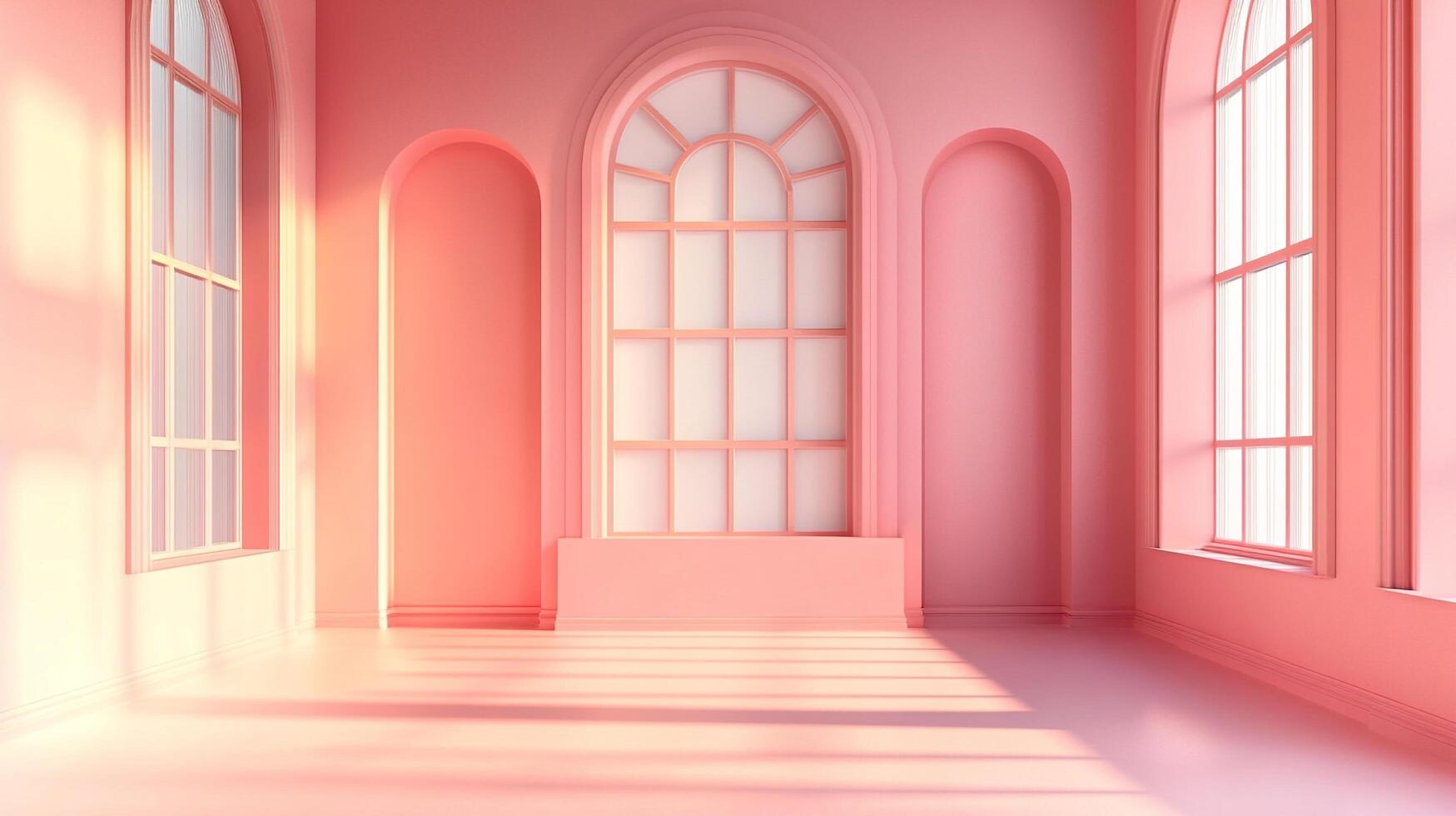 Minimalist pink room with architectural details, bathed in sunlight. The arches and windows create a serene, modern space. photo