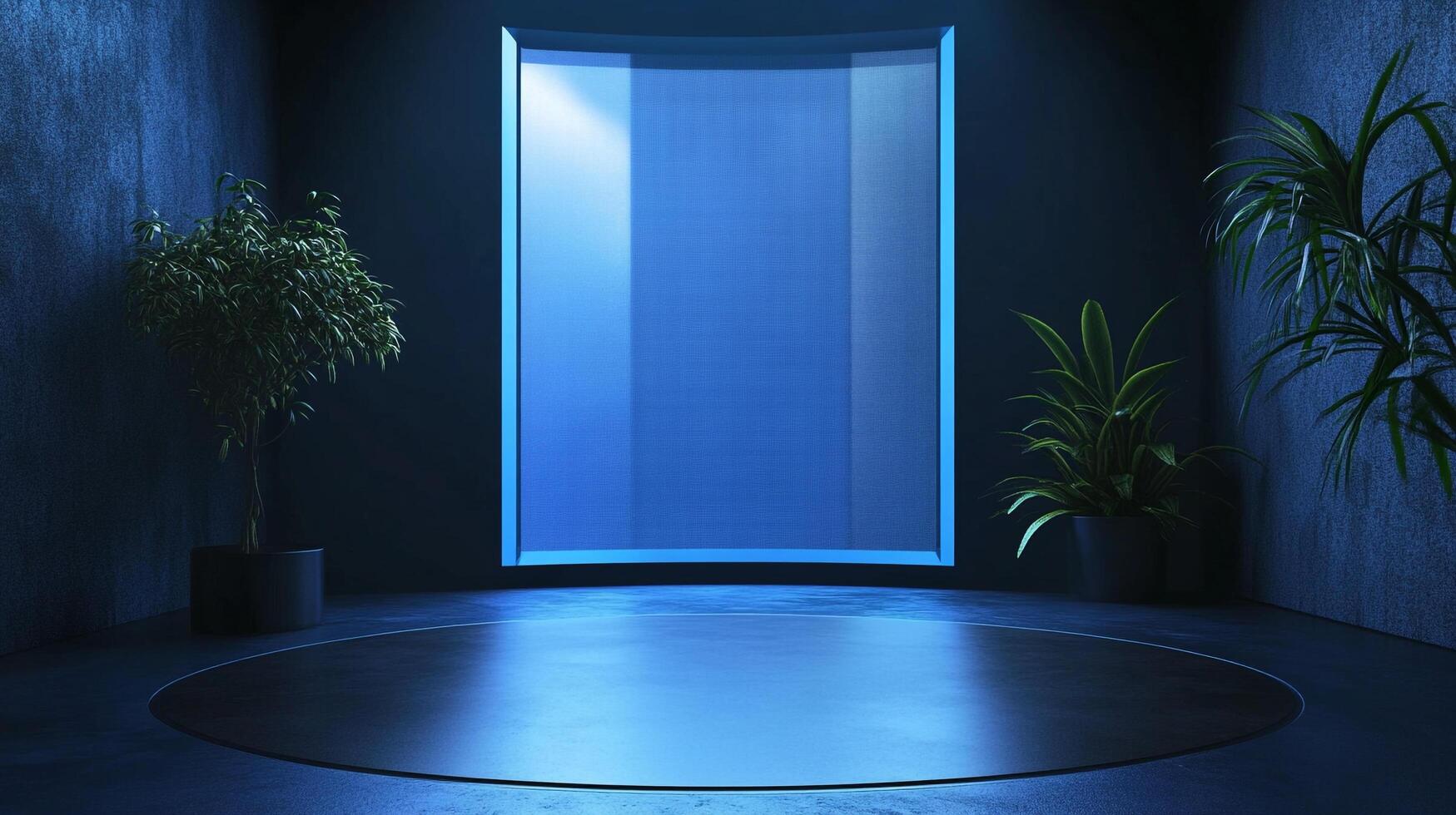 Minimalist geometric interior features a blue illuminated screen, plants, and a circular floor. Cool tones create a serene, modern atmosphere. photo