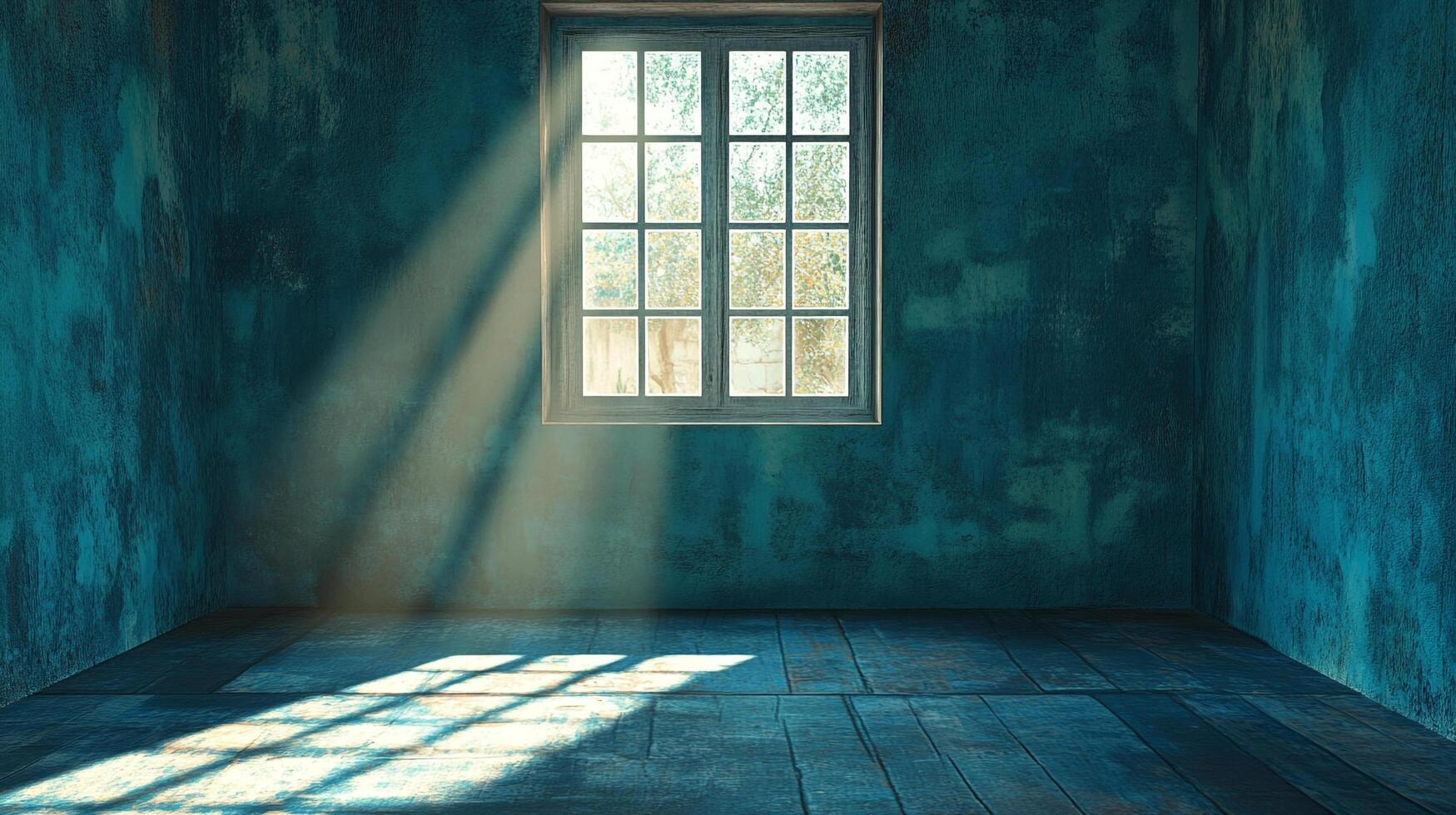 Sunlight streams through a window, illuminating a weathered, textured room in tones of blue. Evokes serenity in a minimalist interior. photo