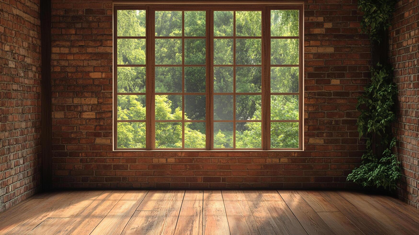 Sunlit room with exposed brick, wooden floors, and a large window framing a lush green view creates a tranquil, nature-inspired atmosphere. photo