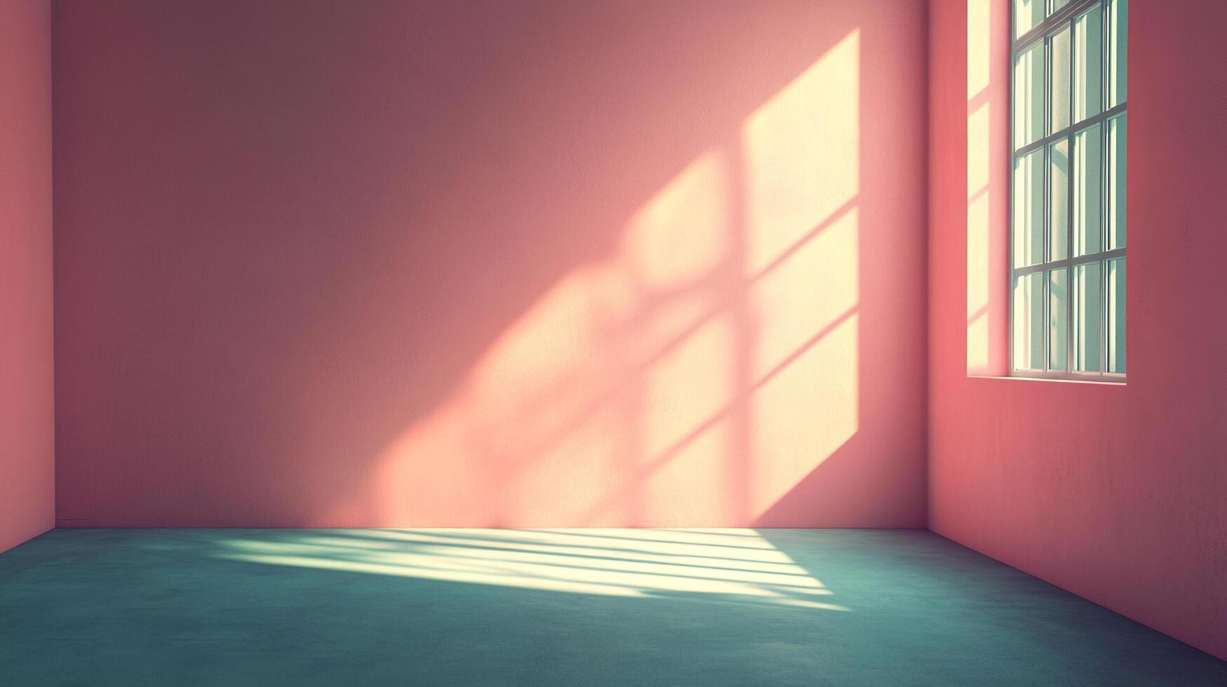 Sunlight streams through a window casting light patterns on a pink wall, creating an inviting, warm, and minimalistic interior space. photo