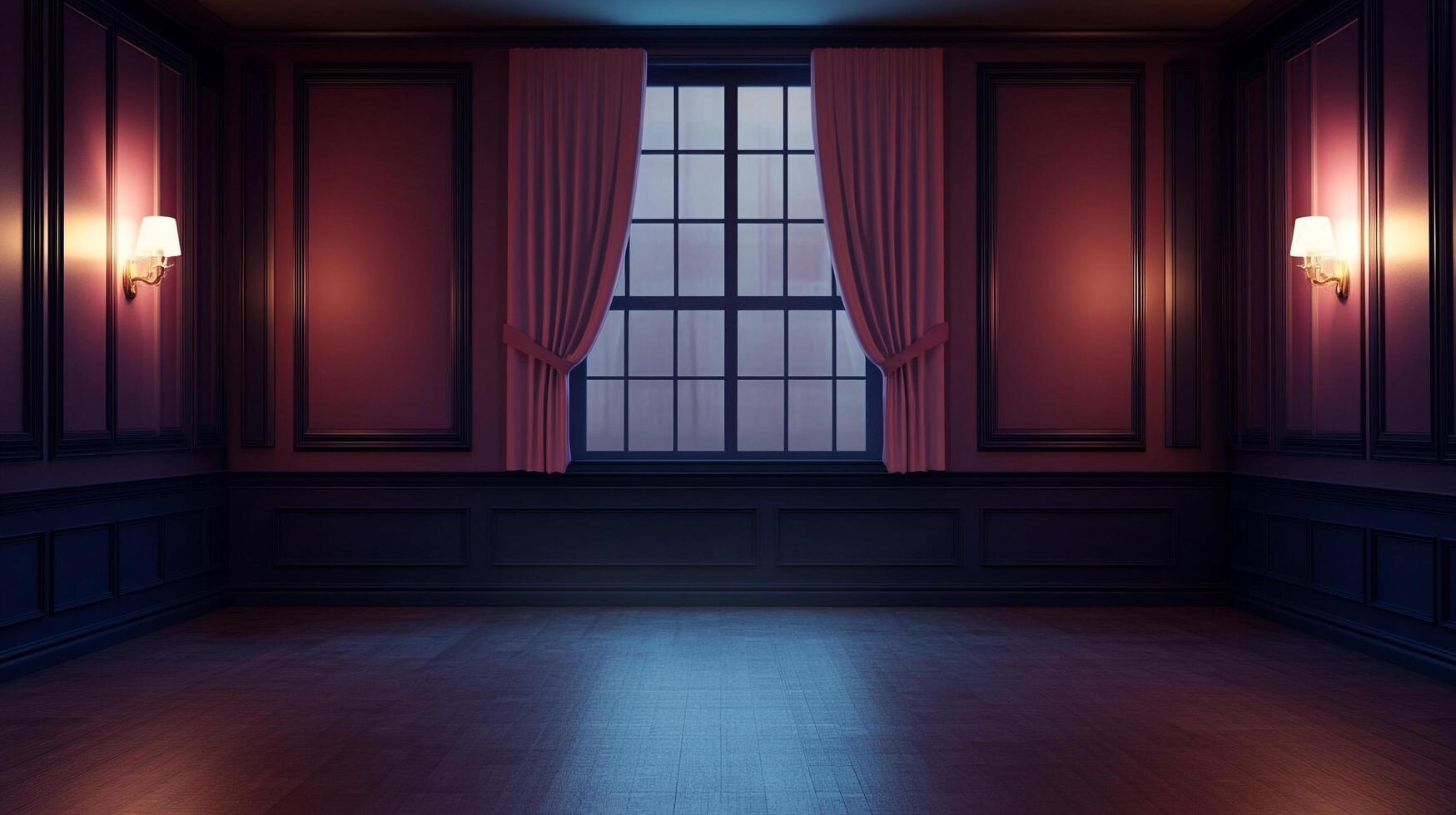 An elegant room with panelled walls and a large window adorned with curtains, illuminated by wall-mounted lights, creating a classic ambiance. photo