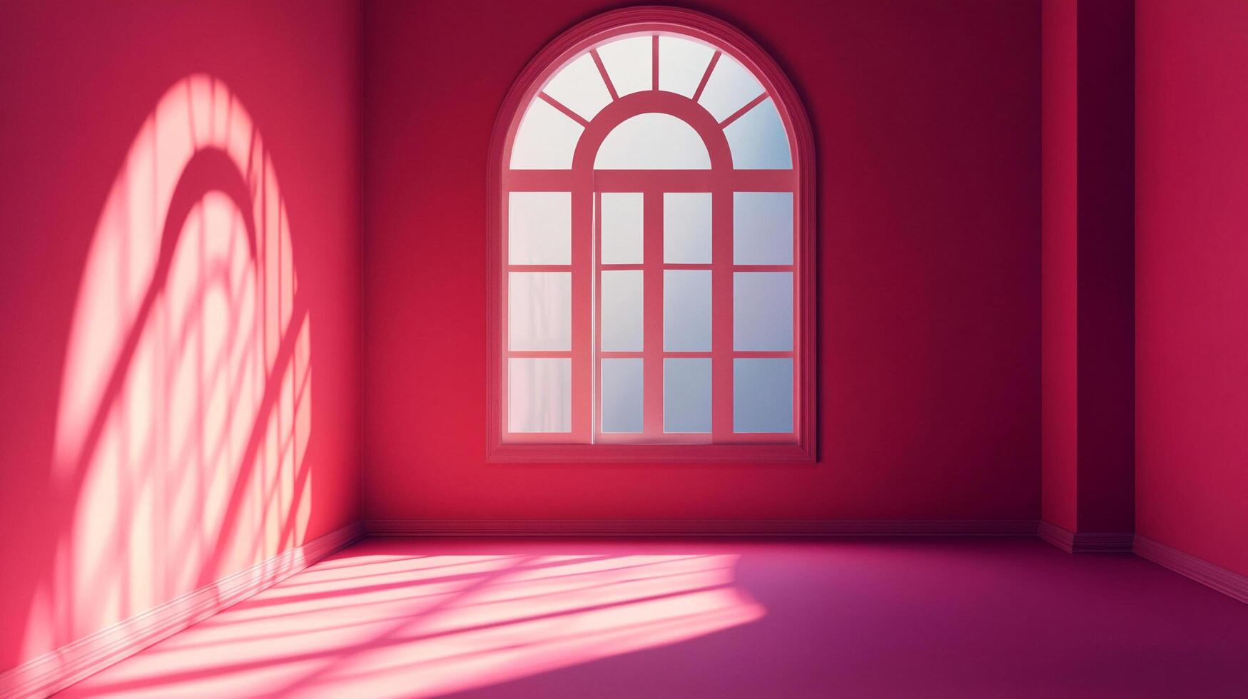 A minimalist pink room is lit by the natural light streaming through an arched window, creating dynamic light patterns. A serene atmosphere. photo