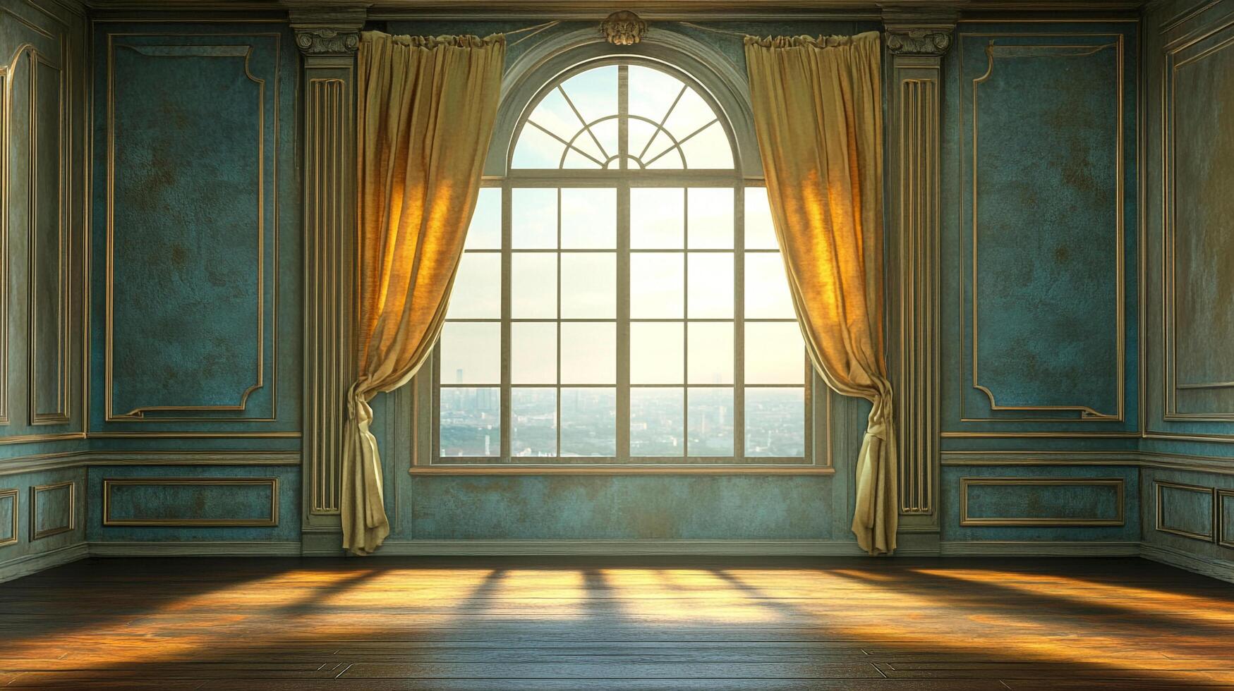 Elegantly designed room featuring an arched window with golden curtains, detailed wall paneling, and polished hardwood floors. photo