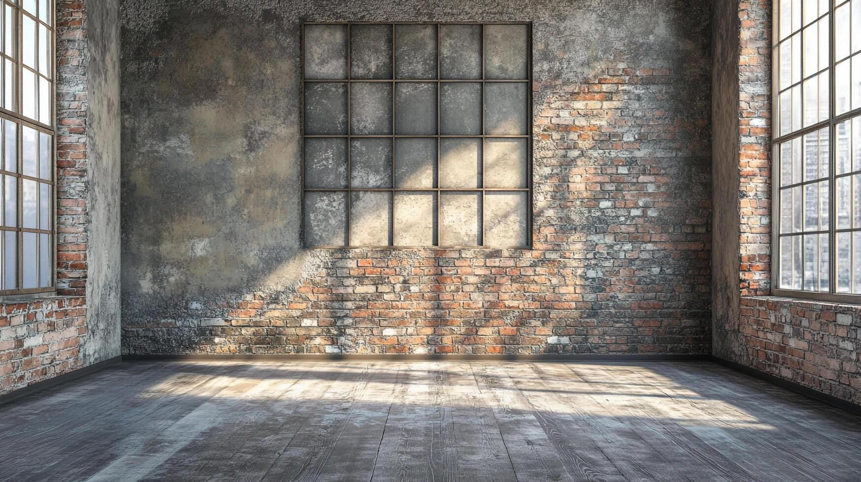 A rustic interior space features exposed brick, concrete walls, large grid windows, and a wooden floor bathed in sunlight, creating a vintage ambiance. photo