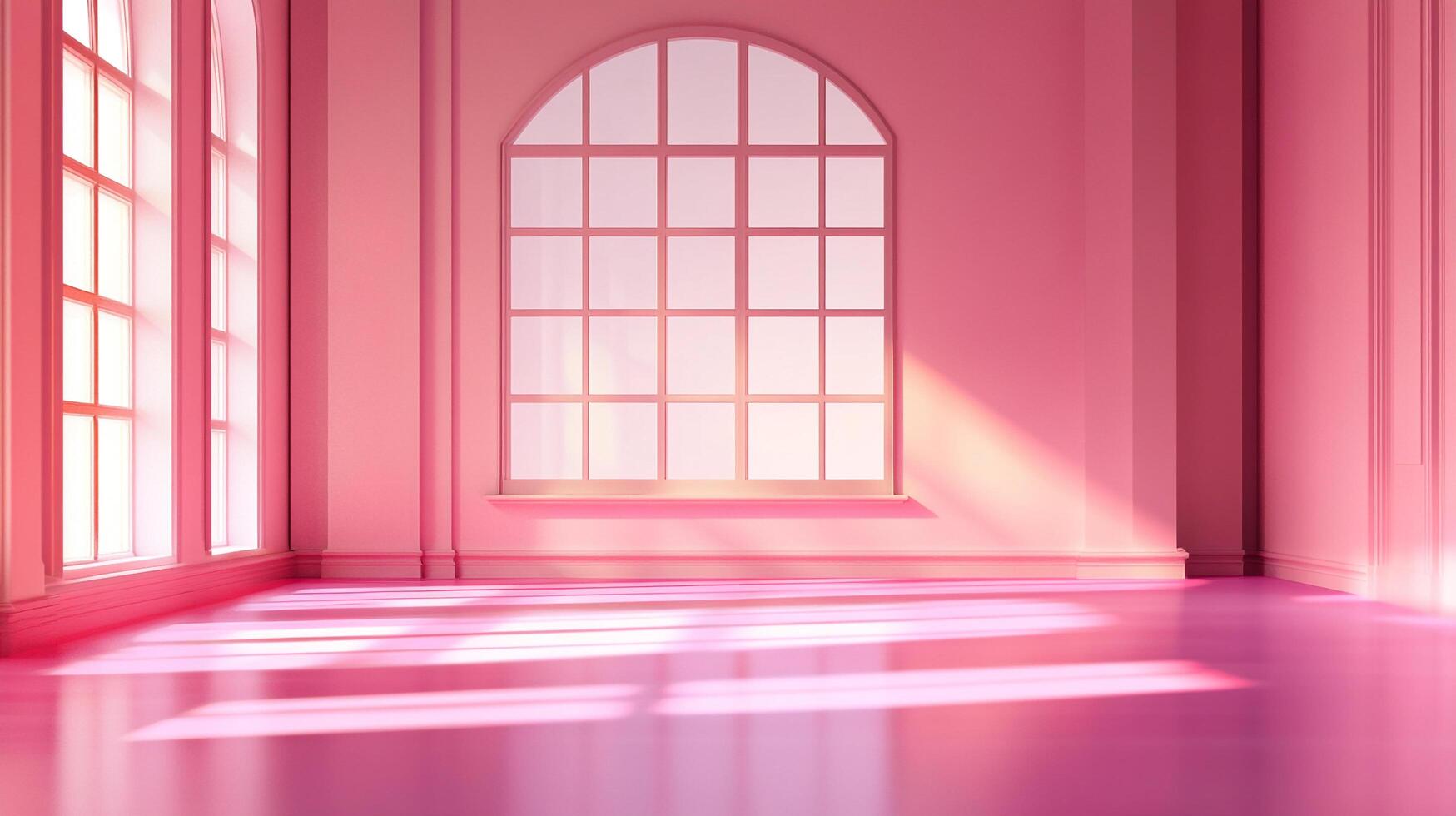 A bright pink room filled with light coming in from the large windows. Soft shadows are cast across the floor, creating a peaceful atmosphere. photo