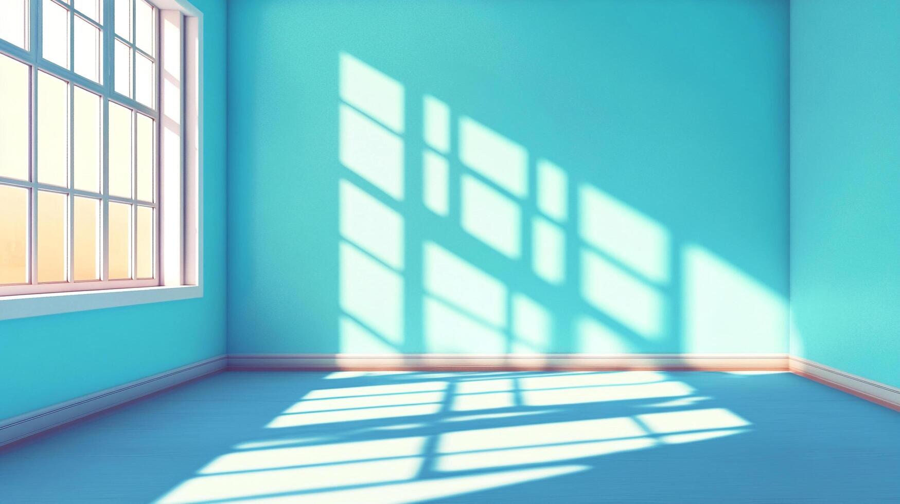 Sunlight streams into an empty room, casting patterned shadows across its floor and walls. A serene space, bathed in a cool, tranquil light. photo