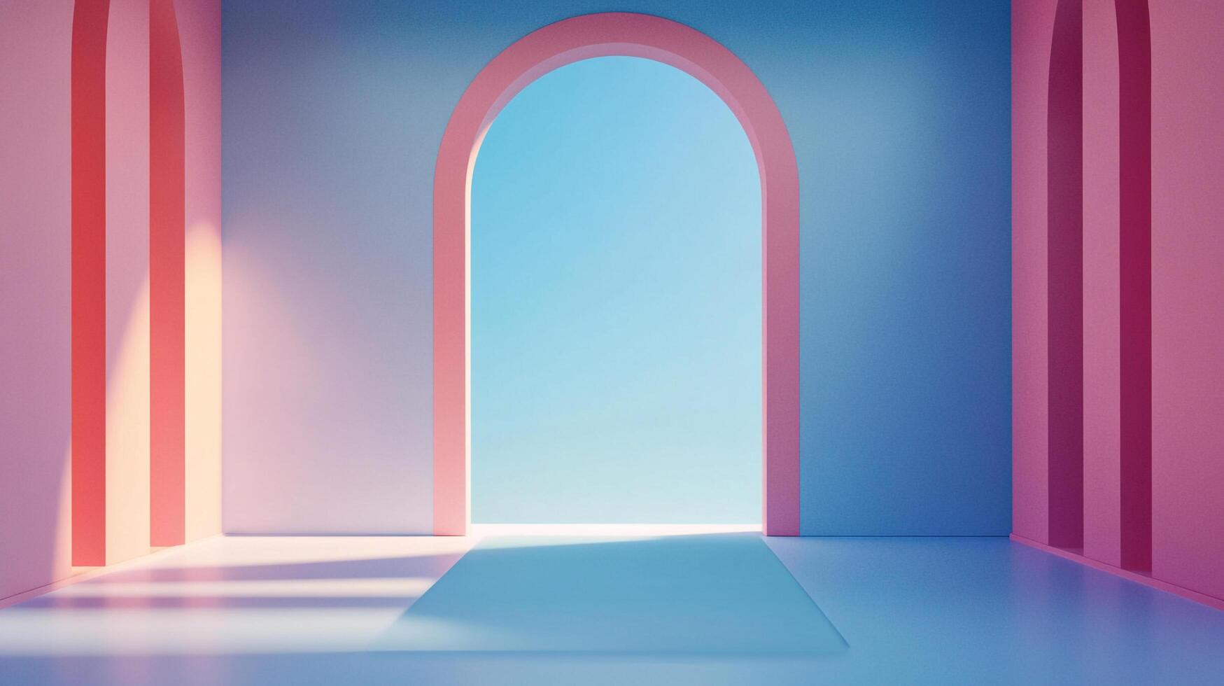 Abstract architecture with a pink archway and pillars framing a serene blue sky, bathed in soft light casting gentle shadows. photo