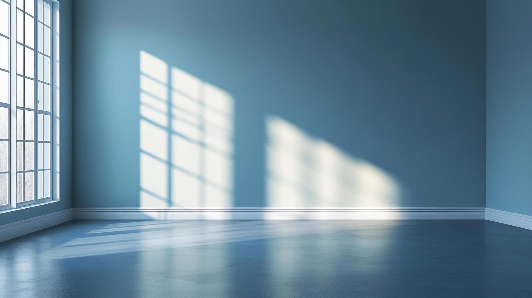 Sunlight streams into a blue room through a window, creating a bright, airy atmosphere and illuminating the empty space. Interior design photo