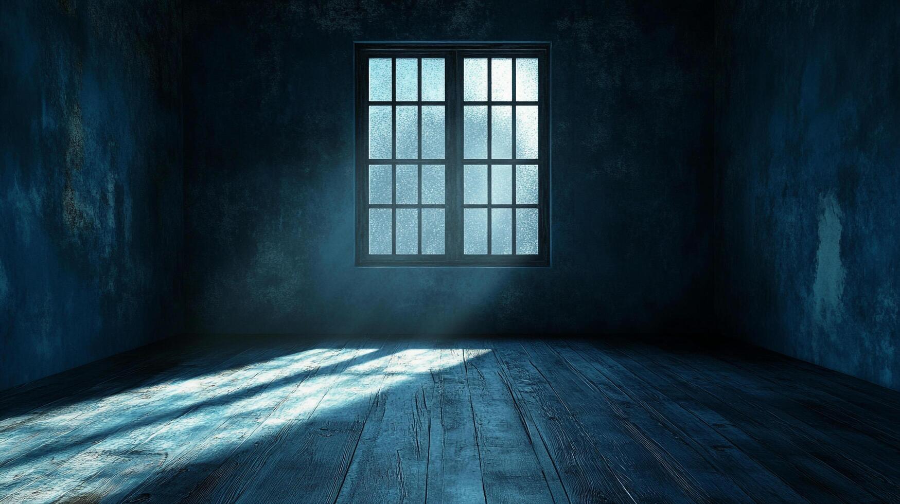 An empty room with a window provides moody lighting in this interior shot, with visible blue hues and woodgrain textures. photo