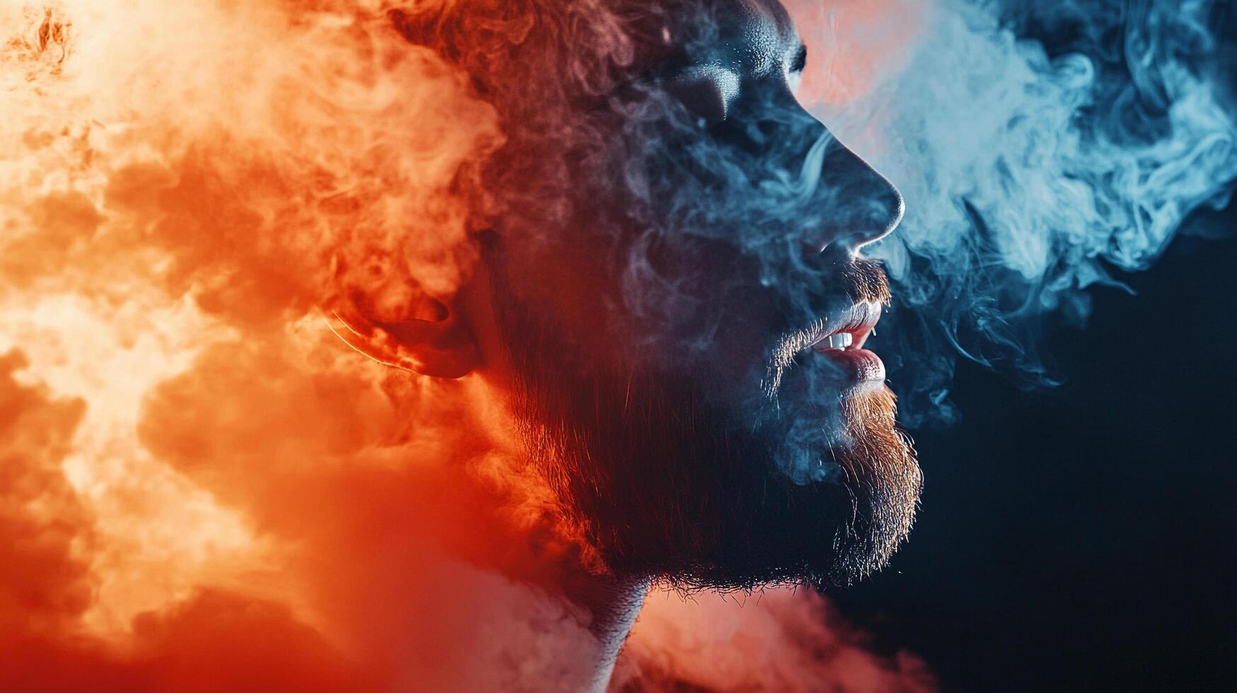 This image captures a contemplative male figure enveloped in colorful smoke, expressing deep emotions and creating a captivating artistic portrait. photo