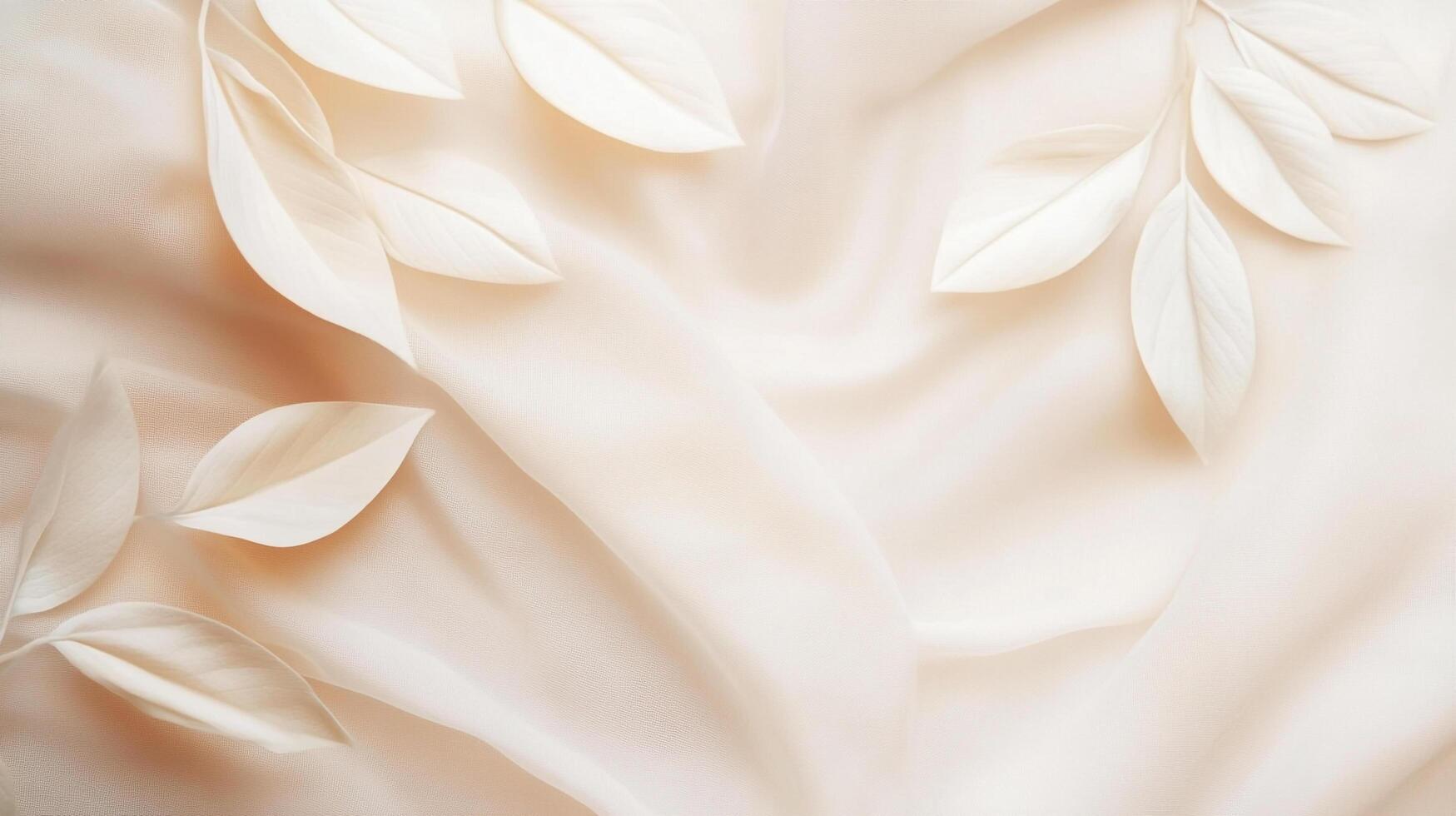 A minimalistic image featuring delicate white leaves gracefully displayed on soft draped fabric, evoking tranquility, elegance, and purity in design. photo