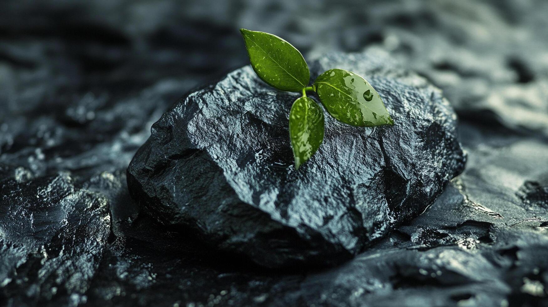 A striking image of a vibrant green plant sprouting from a rugged dark stone, symbolizing resilience and growth amidst a stark environment. photo