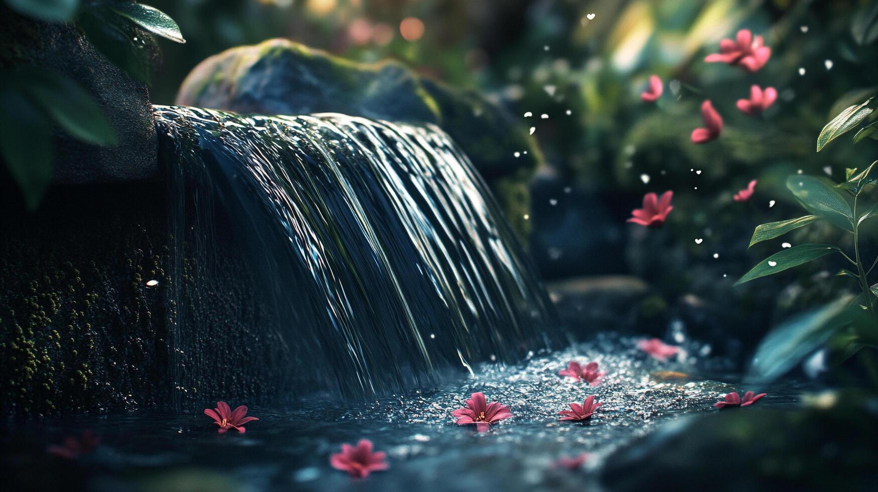 A serene waterfall cascades over rocks, creating rippling water filled with floating pink flowers, illustrating a peaceful natural environment full of life and beauty. photo