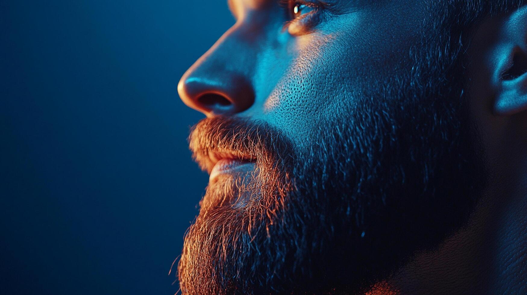 A striking portrait of a bearded man in side profile, illuminated by colorful lighting, conveying emotion, strength, and modern masculinity in a captivating manner. photo