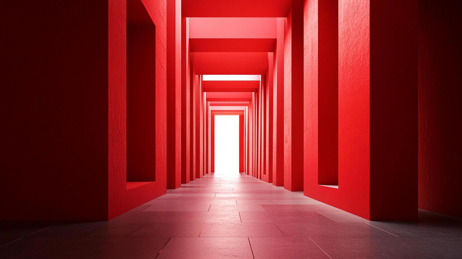 A striking red corridor that leads to a bright light at the end, symbolizing an intriguing journey and modern architectural elegance in a minimalist design. photo