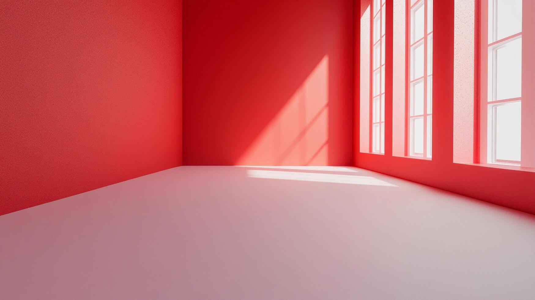 This stark image portrays a minimalist red room, bathed in warm natural light filtering through white windows, representing modern simplicity and artistic expression. photo