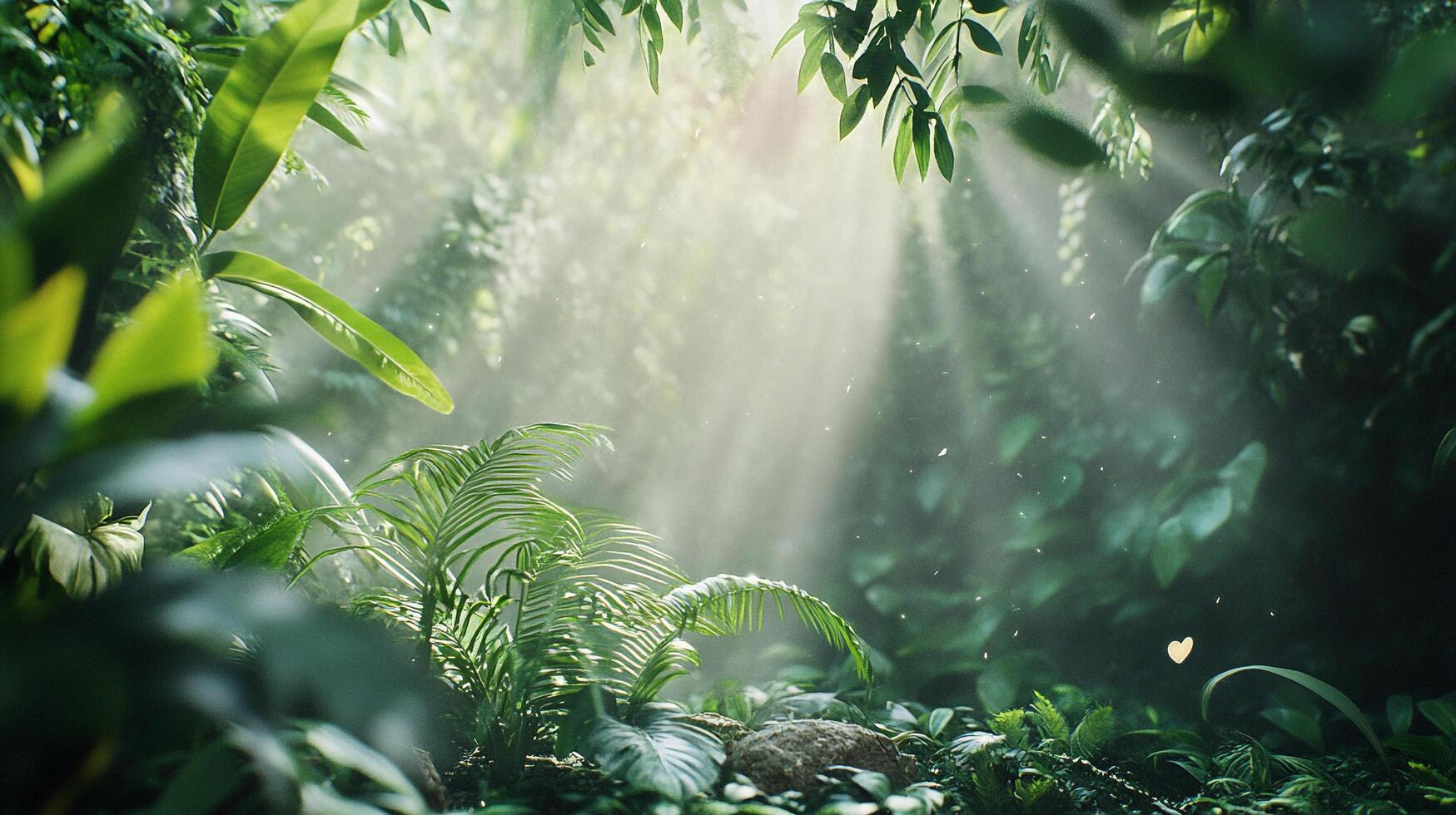 A lush green jungle bathed in soft sunlight with delicate mist, creating a magical atmosphere that evokes a sense of adventure and connection with nature. photo