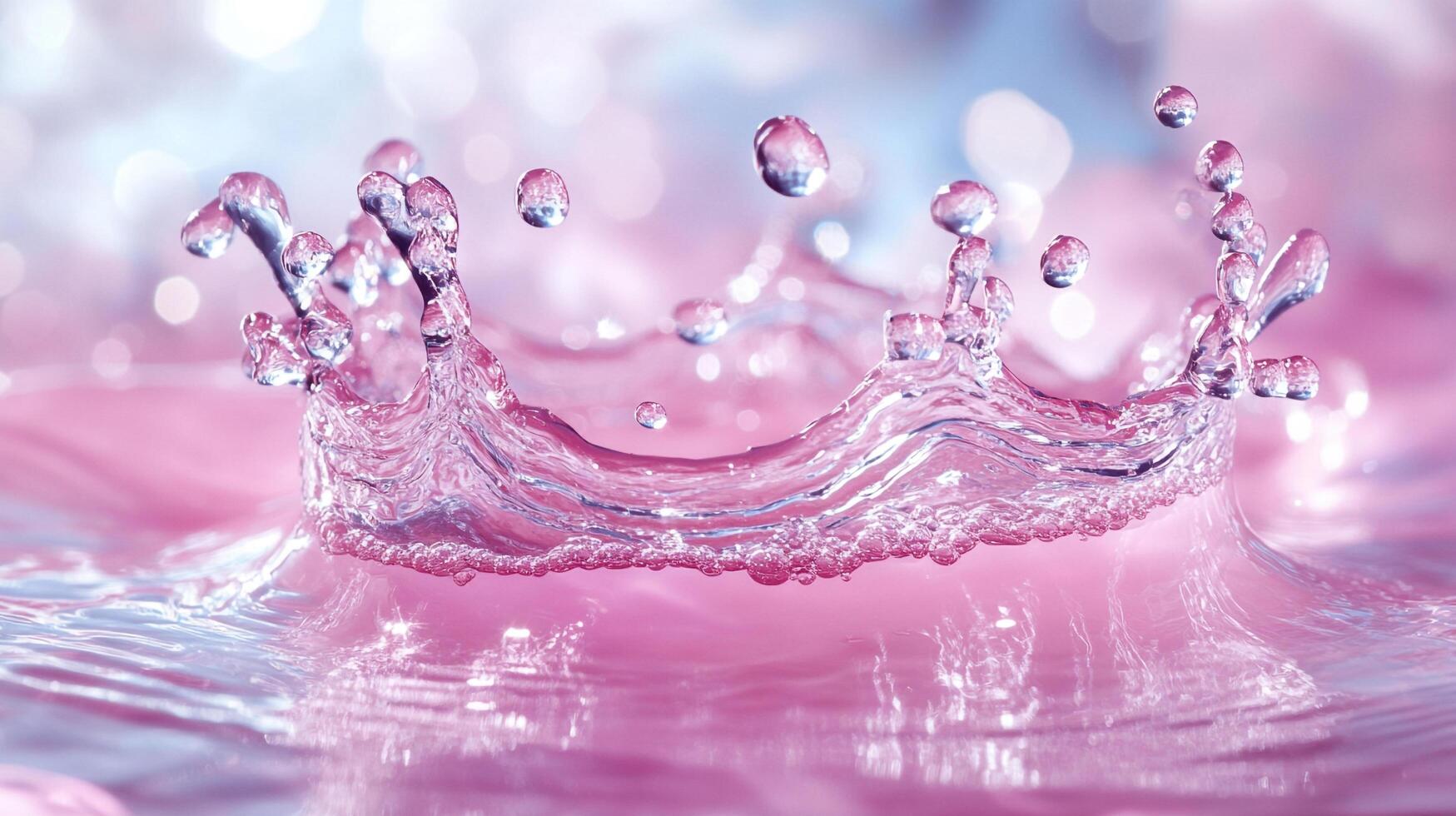 A stunning high-speed capture of water droplets creating a mesmerizing splash, reflecting shimmering light and soft colors in an artistic water display. photo
