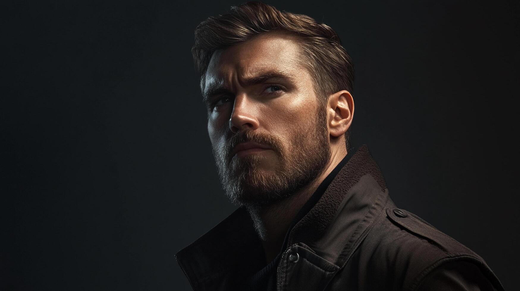 A close-up shot of a stylish man with a well-groomed beard, captured in dramatic lighting that highlights the contours of his face, suggesting strength and sophistication. photo