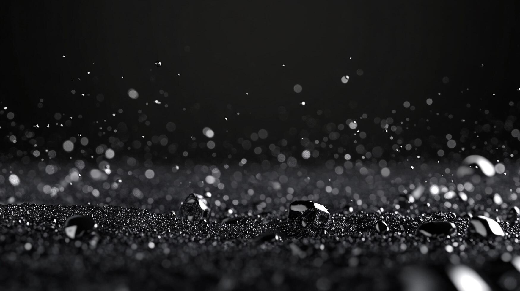 An enchanting image of droplets glistening on a sleek black surface, creating a captivating visual experience that evokes feelings of mystery and allure in a modern aesthetic. photo