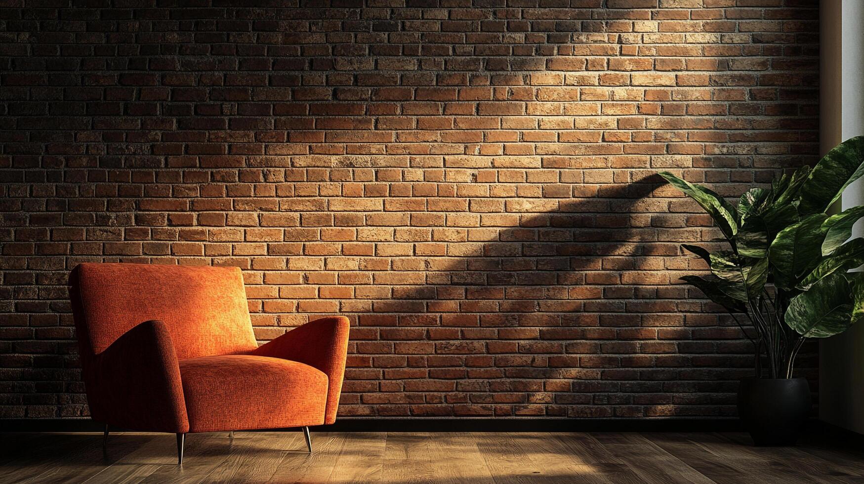 A stylish orange chair placed against a rustic brick wall, illuminated by natural light, highlighting the contrast between modern design and traditional elements in a cozy setting. photo