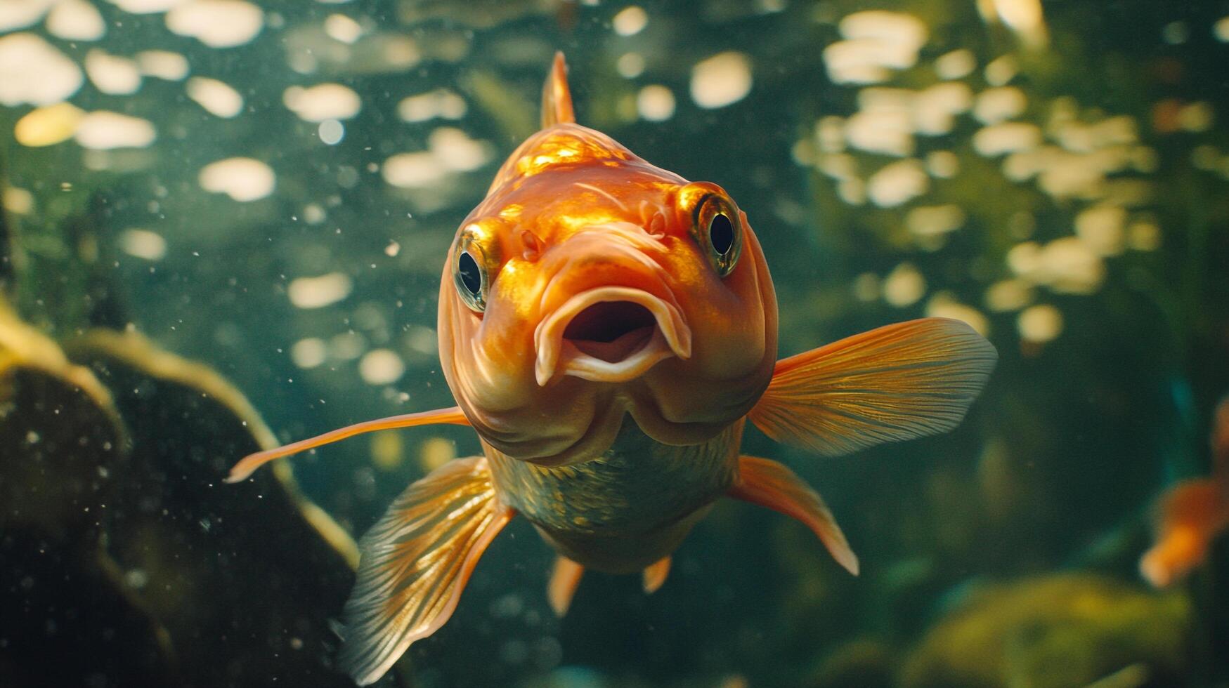 An up-close view of a lively goldfish navigating its underwater world, showcasing its vibrant colors and fluid movements amidst the aquatic environment in vivid detail. photo