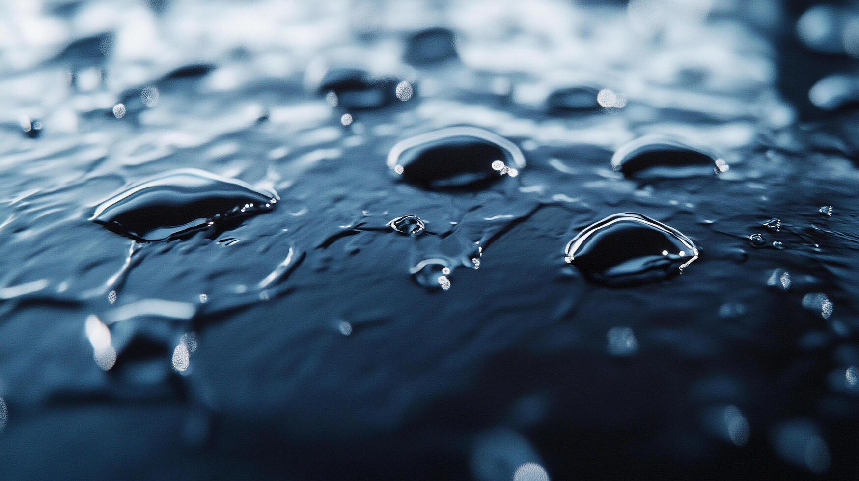 The image captures the elegant formation of water droplets on a dark, reflective surface, emphasizing the intricate shapes and textures created by the water. photo