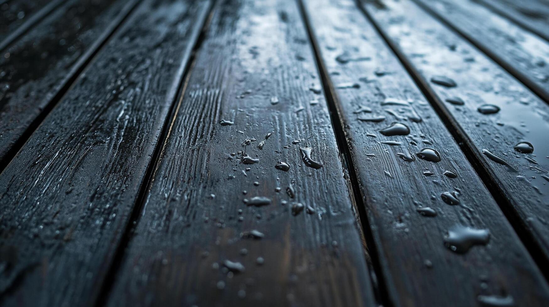 This image captures the texture of a dark wooden surface adorned with raindrops, evoking a sense of calm and tranquility often associated with rainy days. photo