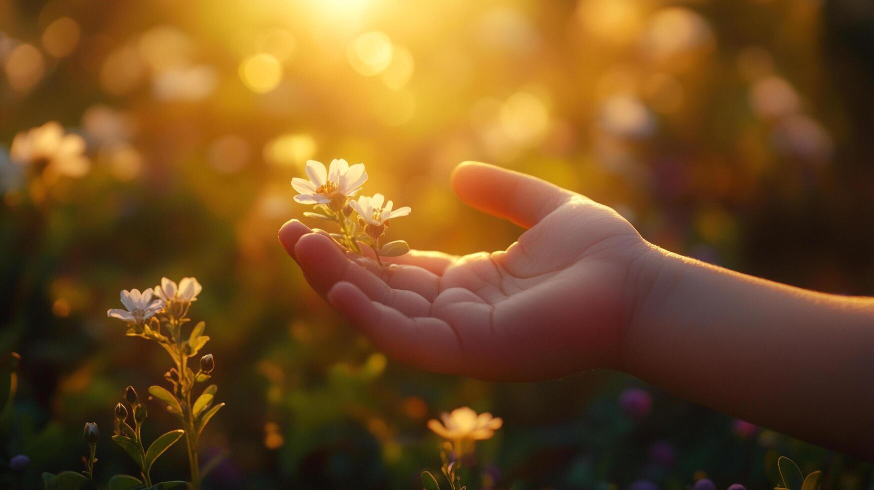 A child's small hand gently holding delicate flowers, capturing the beauty of innocence and natural connection with the environment in a magical golden light. photo
