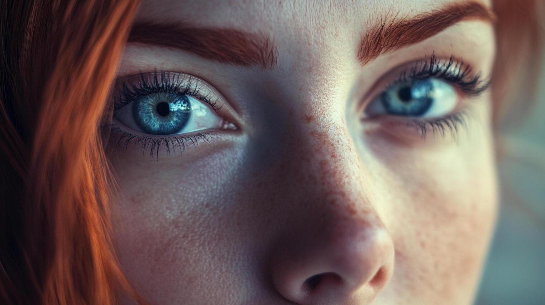 An emotive close-up showcasing a woman with striking blue eyes and freckles, illustrating the beauty of individuality and the depth of human expression. photo