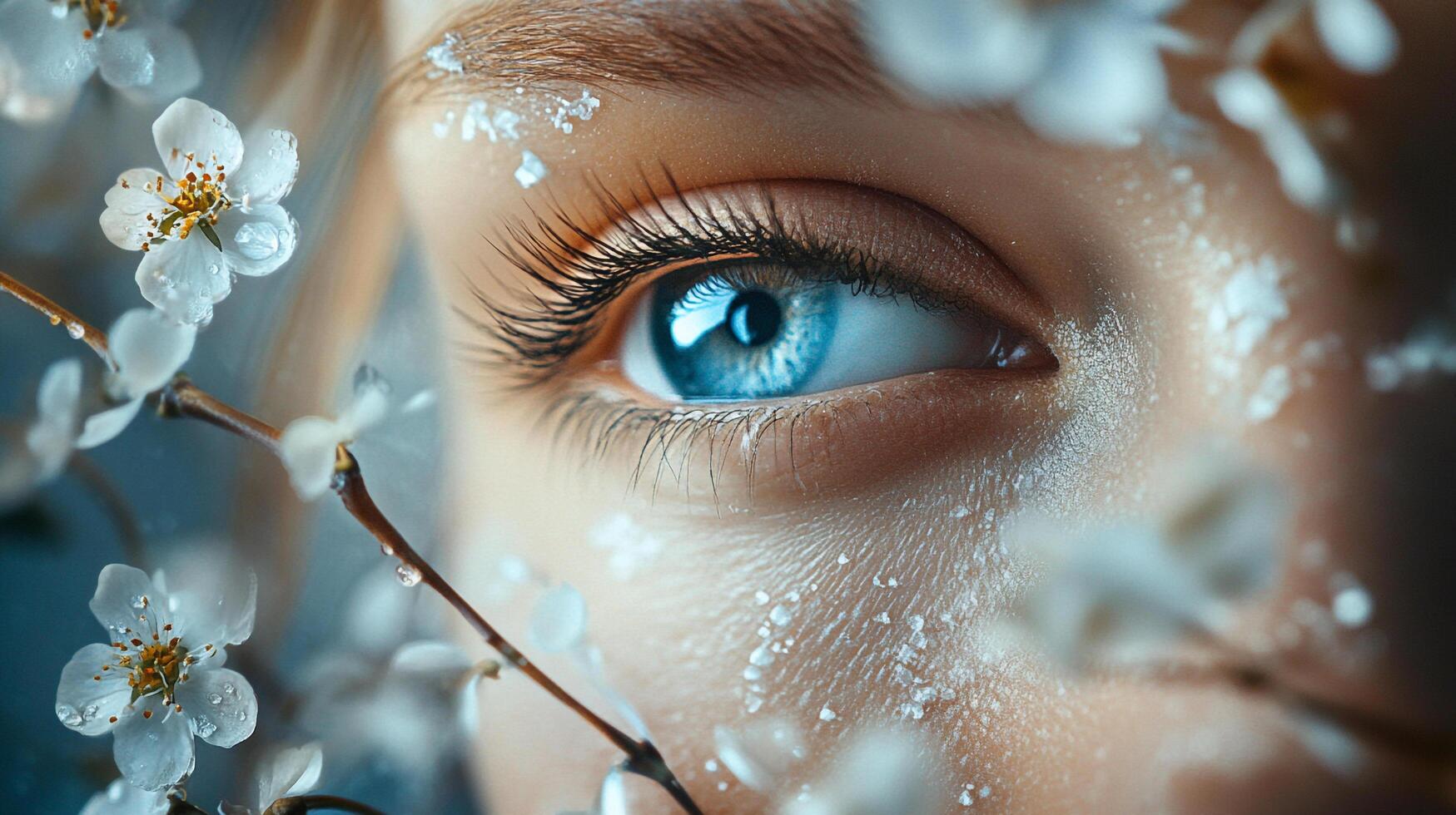 An exquisite close-up of a woman's eye framed by delicate white flowers, showcasing beauty and nature's connection while highlighting intricate details and artistic expression. photo
