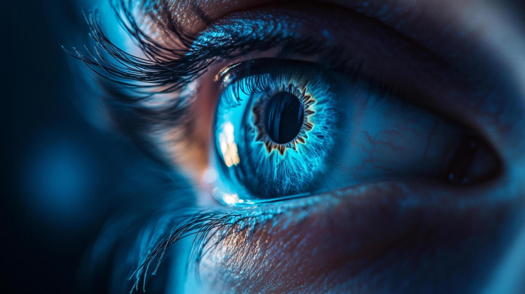 This striking close-up captures a vibrant blue eye with intricate patterns and reflections, showcasing the beauty and complexity of human vision in stunning detail. photo
