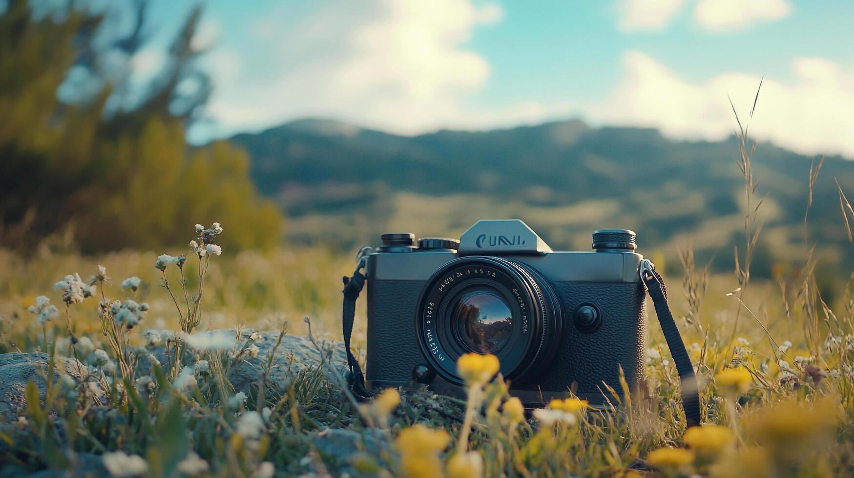 A vintage camera sits beautifully on a grassy patch, surrounded by blooming flowers and lush greenery, evoking a sense of nostalgia and the joy of capturing moments. photo