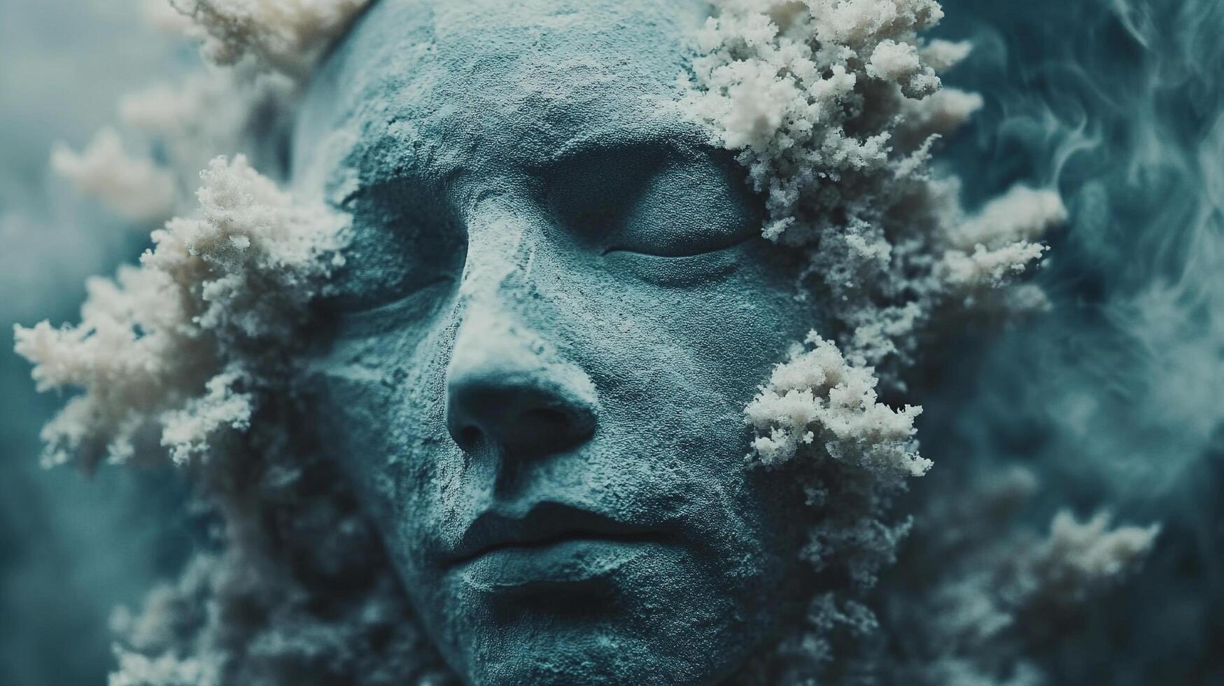 A mesmerizing representation of a serene face enveloped in fine white texture, symbolizing tranquility and introspection amidst an abstract backdrop of clouds. photo