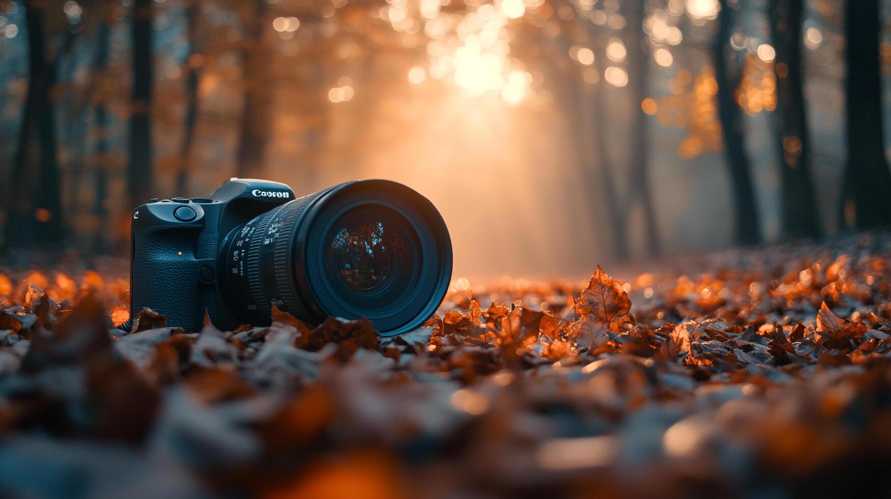A DSLR camera rests among a bed of colorful autumn leaves, illuminated by soft morning light, symbolizing the beauty of capturing seasonal change and memories. photo