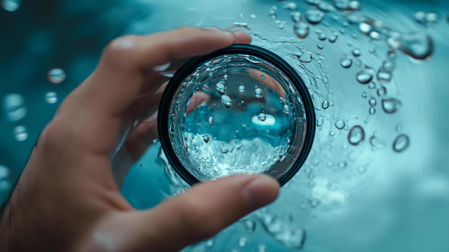 This unique image features a close-up of a hand holding a glass of water, surrounded by captivating bubbles, capturing a refreshing moment and the beauty of hydration. photo