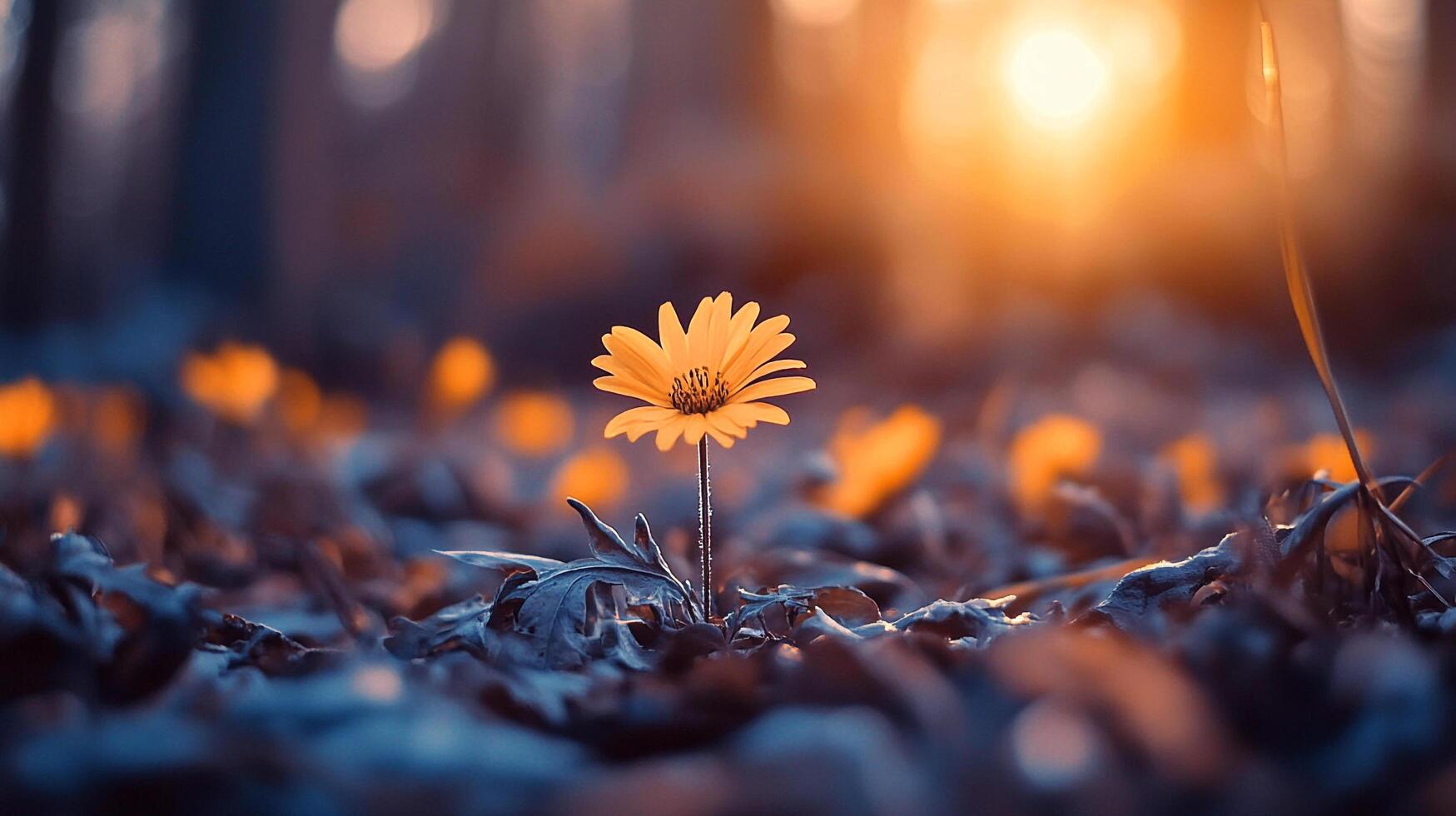 A vibrant yellow flower stands alone amidst a soft, blurred background of golden light, symbolizing hope and resilience in the beauty of nature. photo