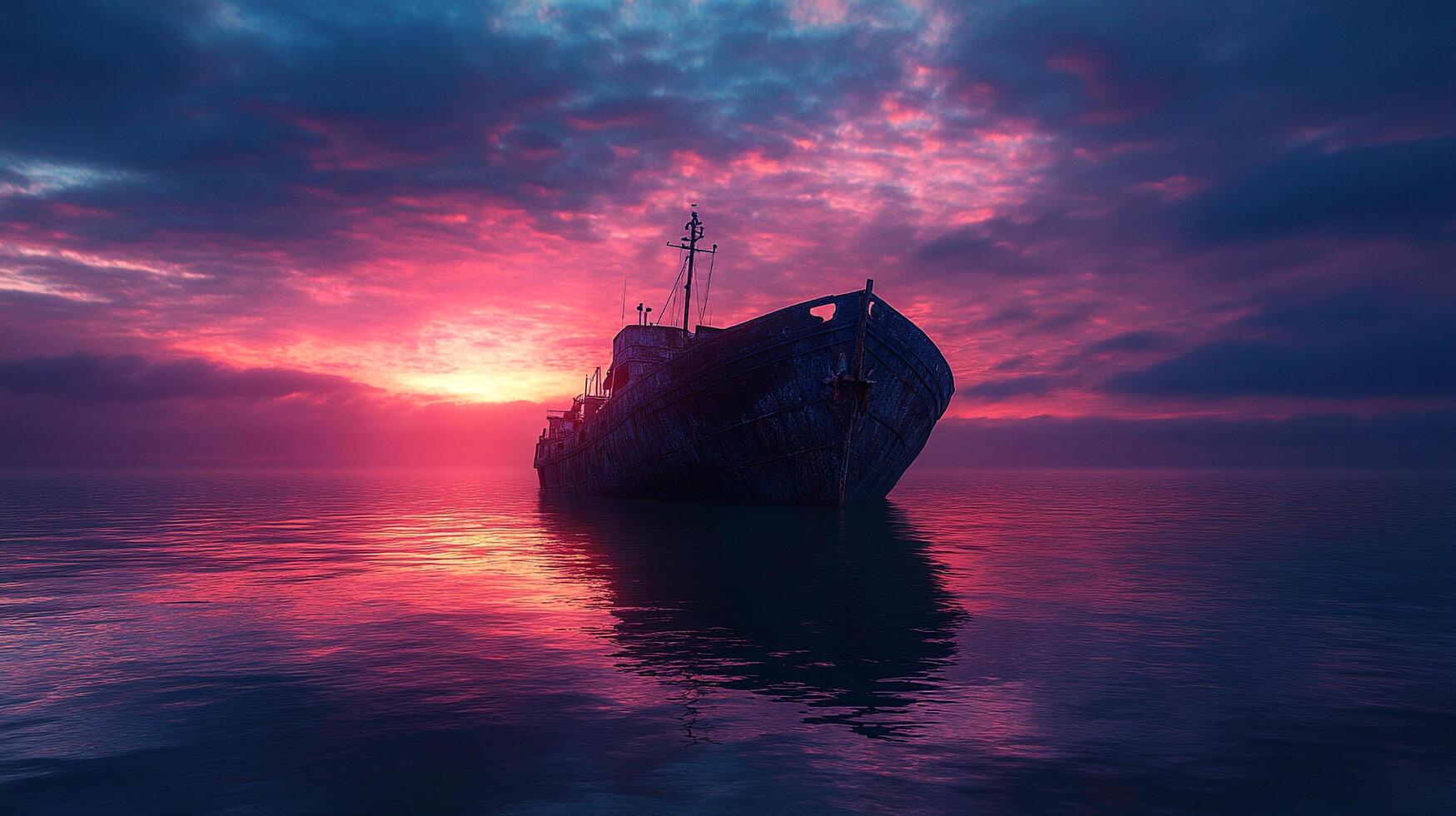 An abandoned ship rests in calm waters as a dramatic sky transitions to twilight, conveying a sense of mystery and nostalgia in a hauntingly beautiful scene. photo